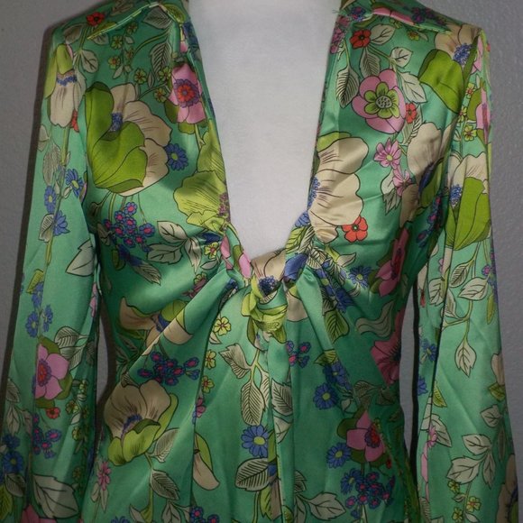 ZARA MS SIZE SMALL LIGHT GREEN WITH MULTI-COLOR FLORAL PRINT SATIN LIKE DRESS - Picture 11 of 12